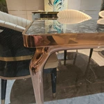 Rose Gold Metal Dining Table with Dark Polished Stone Top and Sculptural Cabriole Legs